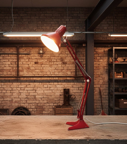 Lampada da scrivania rossa industriale di Ledu, progettata da un architetto svedese di metà secolo.