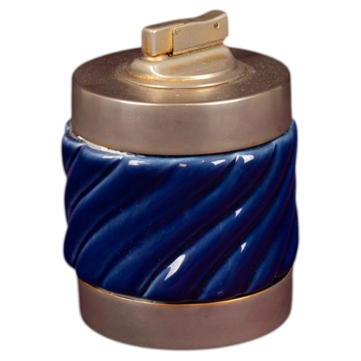 Tommaso Barbi Blue Glazed Ceramic & Brass-Toned Metal Table Lighter, Italy 1970s