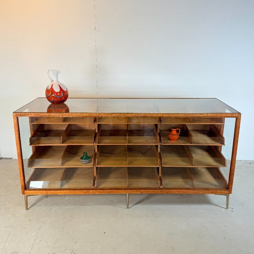 Vintage Eikenhouten Vitrine Toonbank Met 12 Lades
