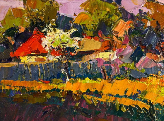 Image 1 of Original Oil Painting Evening Summer Landscape Warm touch of light