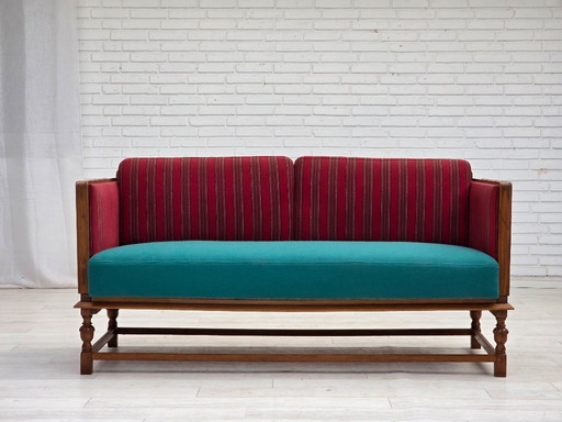 1950s, Danish 2 seater drop arm sofa, original striped red furniture wool, oak wood.