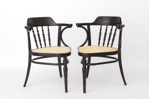 Paar Buighouten Fauteuils, Zwart Beukenhout & Wiener Vlechtwerk Zittingen, Jaren 90 Vintage Stoelen, Mid-Century Stijl