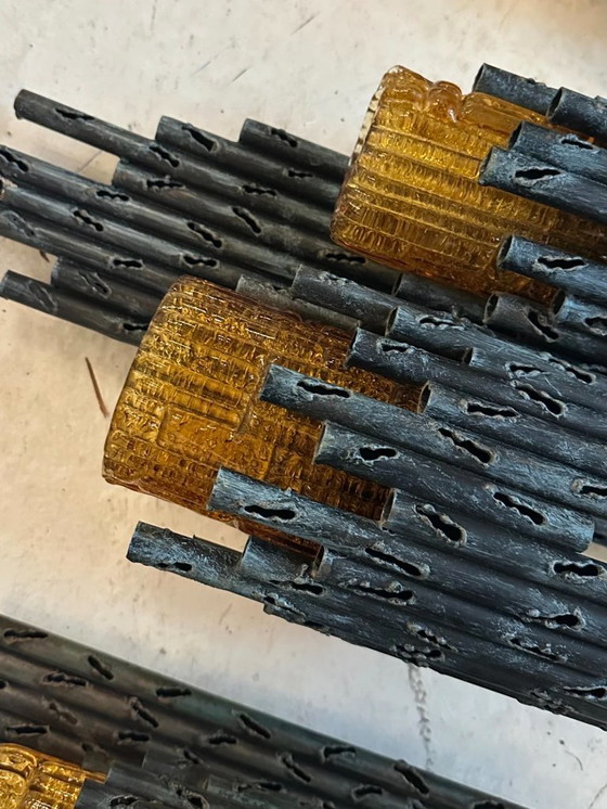 Image 1 of Set di tre applique brutaliste in acciaio e vetro testurizzato, Italia anni '70