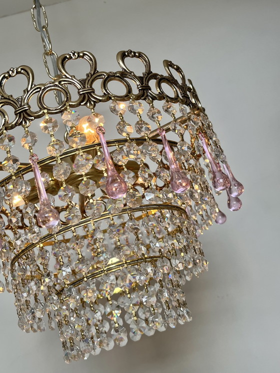 Image 1 of Lustre vintage rose en forme de larme, suspension en cristal de Murano