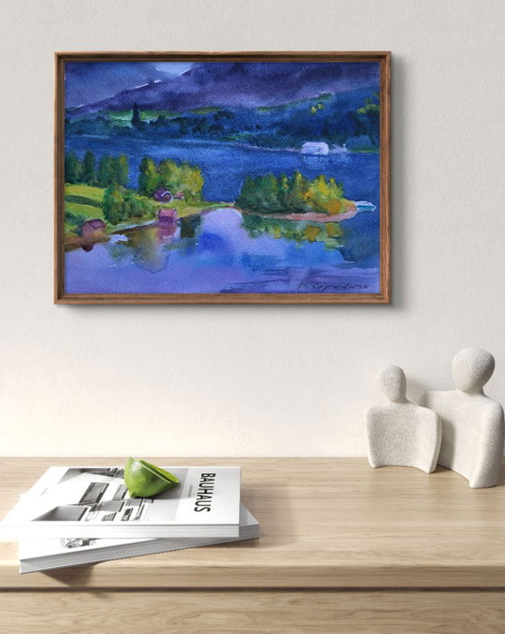 Original Watercolor Painting River Landscape Countryside Village Clouds Over Town – Paintings & Drawings (photo 2 of 7)