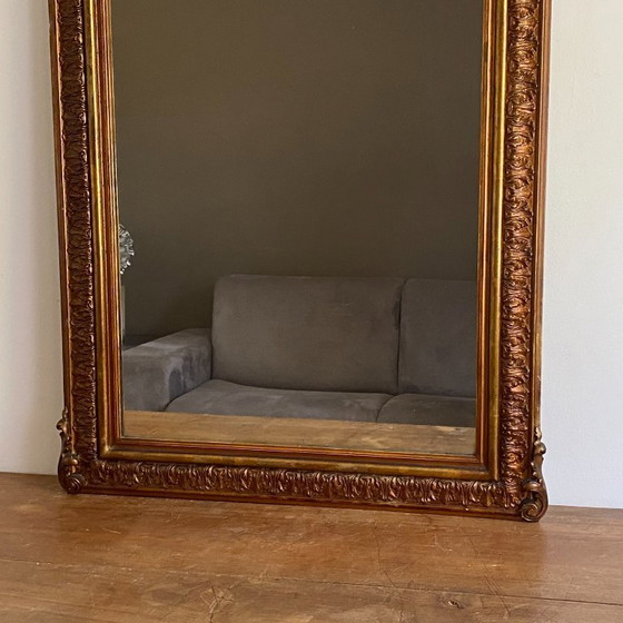 Image 1 of Miroir doré fin 19ème avec  fronton décoré. 150x82.