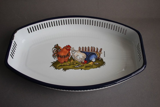 Image 1 of Münder Email Emaille Motiv Hahn und Huhn Brotschale Schale Brotkorb