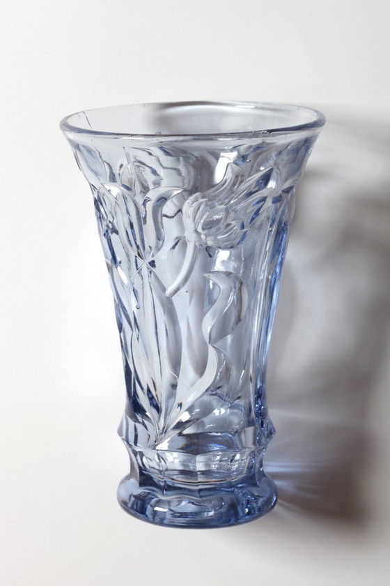 Image 1 of Rare Art Vintage Glass Blue Cut Glass Vase / Eda Glasbruk / Sweden / 1930s