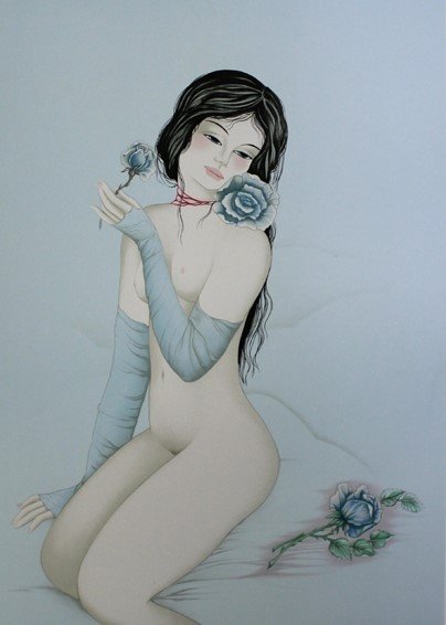 Image 1 of Nu á La Rose - Signierte Farblithographie von Mara Tran-Long