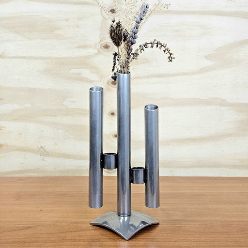 Vaso di design italiano vintage/spaziale in acciaio inossidabile (anni '70), candeliere/vaso modernista (fiori secchi)