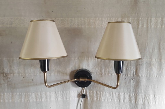 Image 1 of Double wall lights in gilded brass and gunmetal finish - 1950s/60s