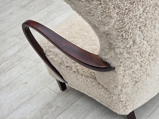 1960s, Danish high-back armchair, genuine sheepskin, reupholstered. – Wood (photo 10 of 22)