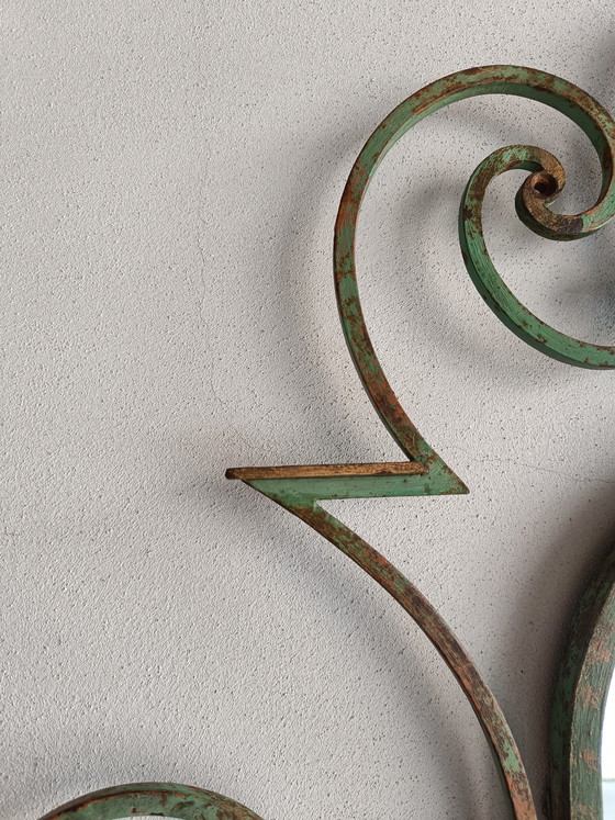 Image 1 of French wrought iron wall mirror coat rack, 1930s–40s, large decorative entry piece