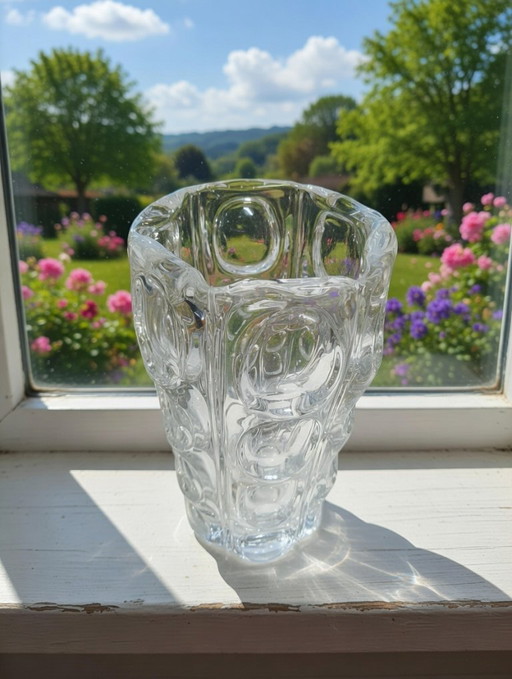 Vintage Sklo Union Rosice Vladislav Urban Bubble Relief Vaas – Oval Egg Shaped Bubbles, 20 cm, Polished Pontil – Tsjechisch Art 