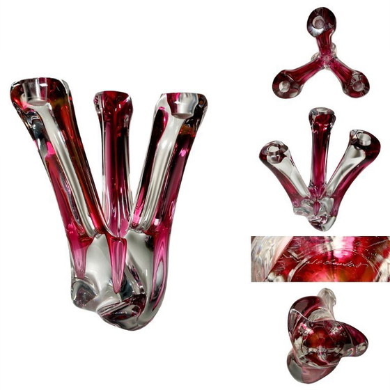 Image 1 of Paire de chandeliers en cristal Val St Lambert - Art verrier de René Delvenne - Bougeoir et vase à bourgeon vintage VSL Belgique