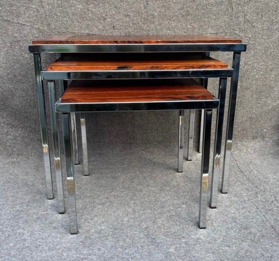 Ensemble de Tables d'appoint du fabricant Pastoe conçu par Cees Braakman, Bois, Chrome, Marron (photo 5 sur 11)