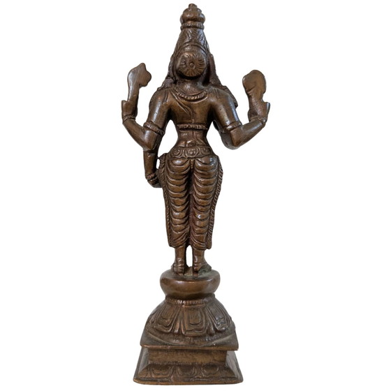 Antique Bronze Vishnu Statue – South India – ca. 1920 – 17 cm – 520 g – Sculpture (photo 5 of 10)