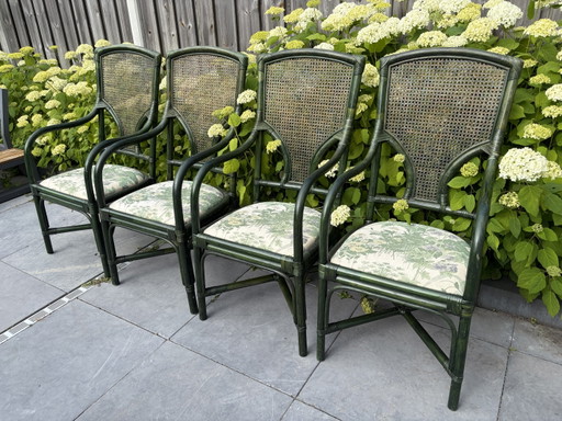 4 chaises vintage en faux bambou avec sangles vertes
