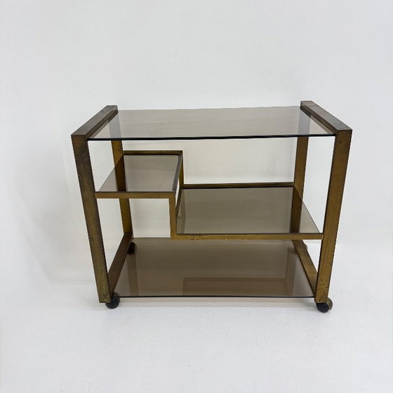 Image 1 of Barwagen aus Messing mit Rauchglas aus der Mitte des 20. Jahrhunderts, 1970er Jahre