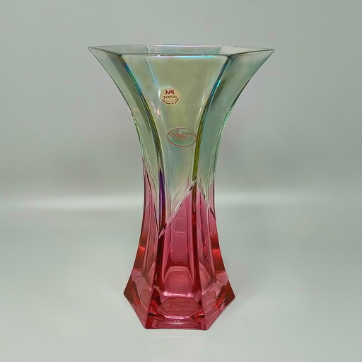 1970s Exquisitely Handcrafted Green and Pink Vase by Neri in Crystal, Made in Italy