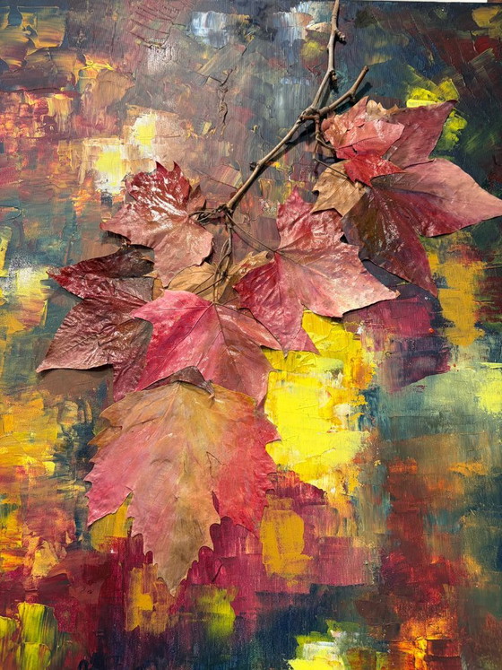 Pintura abstracta con hojas de otoño, Pinturas y dibujos, Lienzo, Otro, Amarillo (foto 2 de 5)