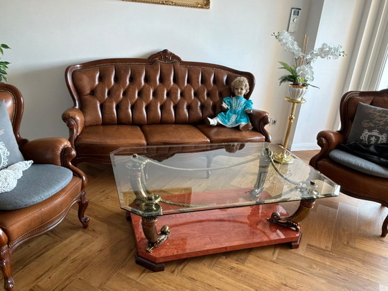 Glass and wood coffee table with golden accents, Metal, Transparent, Klassiek (photo 5 of 5)