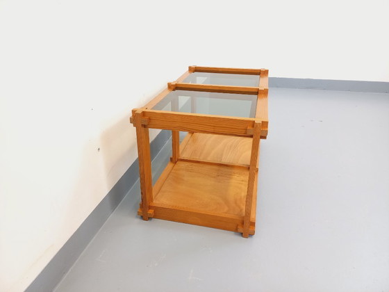 Image 1 of Vintage rectangular coffee table in pine and smoked glass from the 70s and 80s