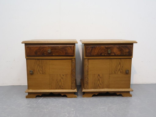 Mesitas de noche vintage / Teca Abedul / Puerta de cajón / Placa de vidrio