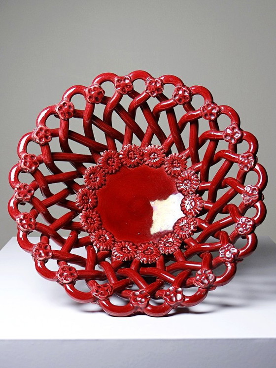 Image 1 of Piccola ciotola vintage Pichon Uzès in ceramica traforata rossa intrecciata, anni '70-'90.