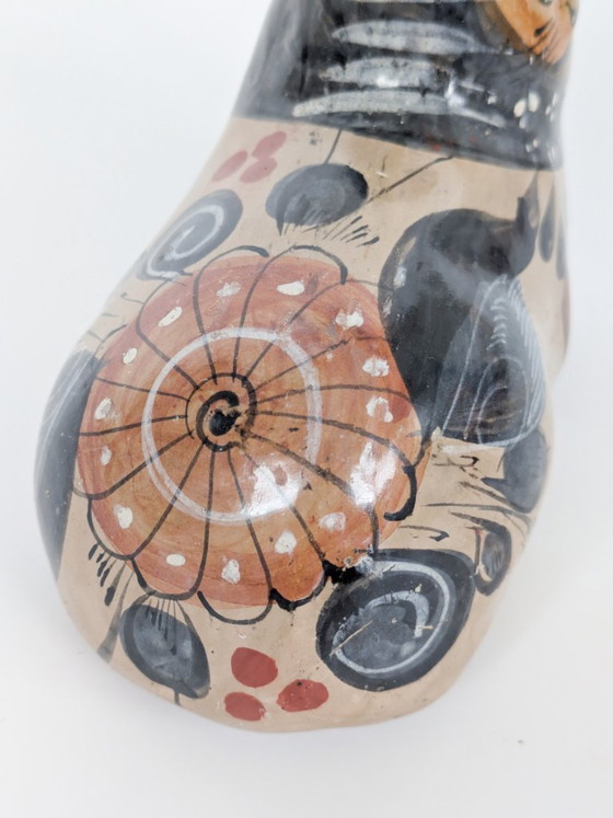 Statuetta vintage di gatto in ceramica Tonalá, Messico, dipinta a mano, arte popolare nei colori ocra e (photo 12 of 15)