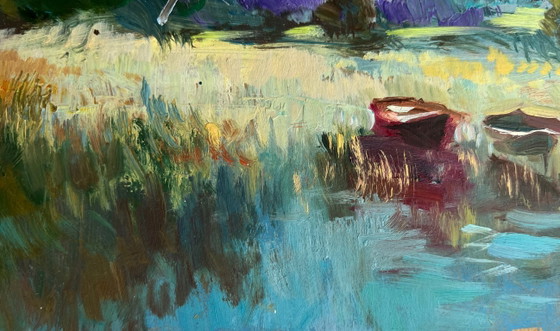 Image 1 of Dipinto ad olio originale, paesaggio costiero con campi e tre barche sul fiume.