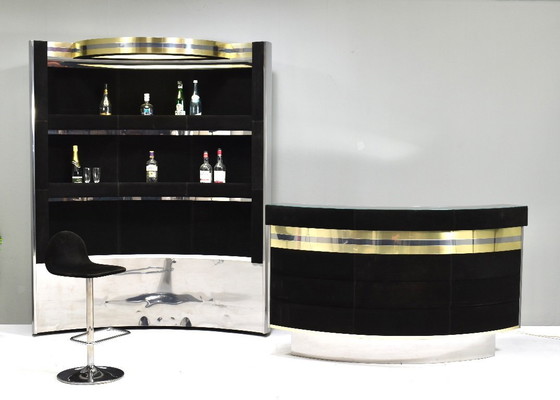 Image 1 of Cocktail Bar in pelle scamosciata nera, ottone e cromo di o nello stile di Willy Rizzo - Italia, anni '70