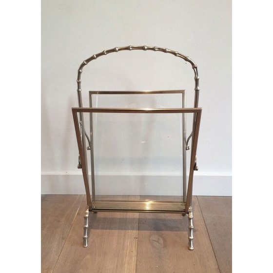 Image 1 of Vintage silver plated bronze faux-bamboo ringed magazine rack, 1940