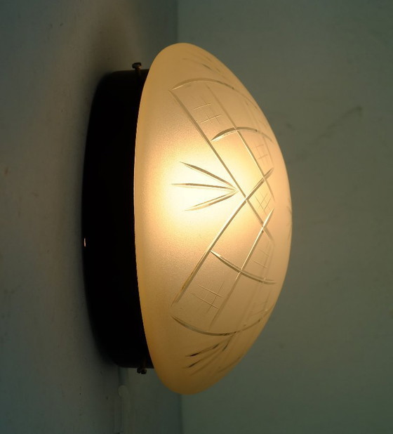 Image 1 of small CEILING FIXTURE or sconce 70s etched glass geometric pattern