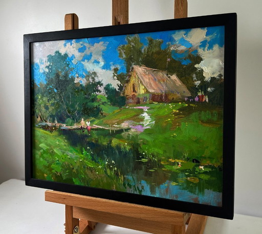 Original Oil Painting Summer Village Landscape Quiet Conversations of Girls