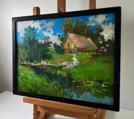 Image 1 of Original Oil Painting Summer Village Landscape Quiet Conversations of Girls