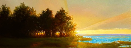 Original Oil Painting River Nature Sunset Evening Landscape – Paintings & Drawings, Canvas (photo 7 of 8)