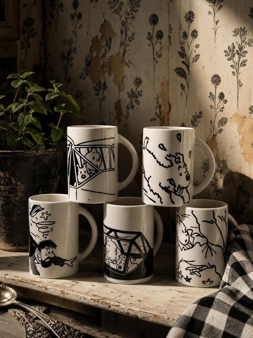 Set of 5 contemporary black and white Tintin porcelain or earthenware mugs/cups