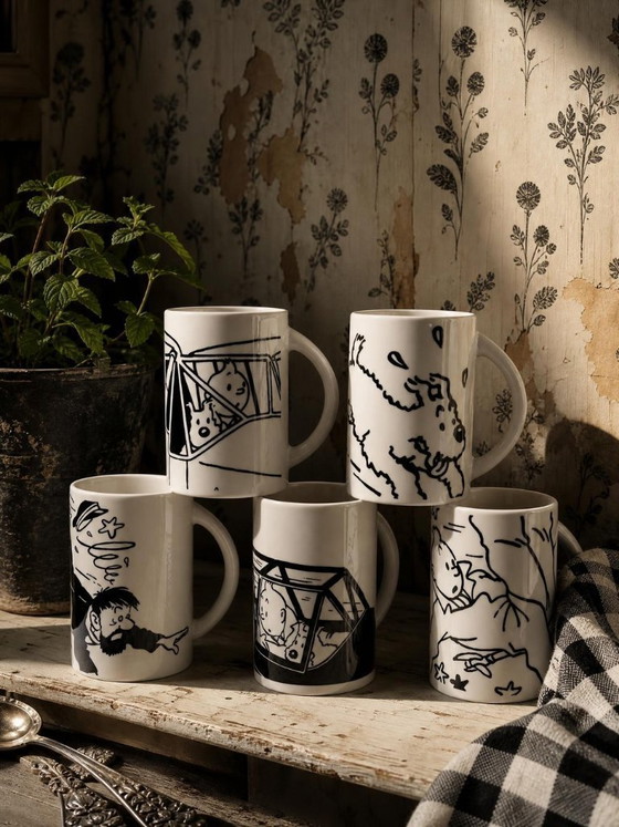 Image 1 of Set of 5 contemporary black and white Tintin porcelain or earthenware mugs/cups