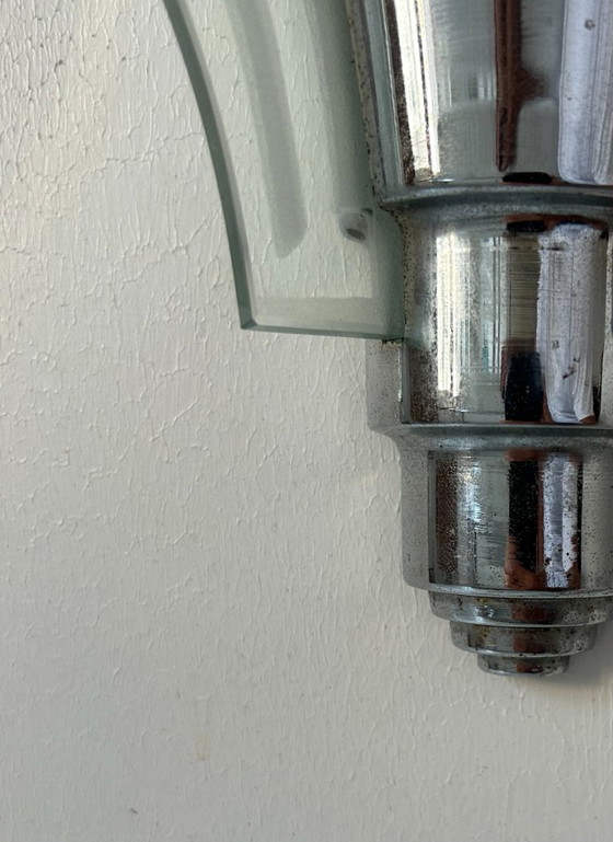 Image 1 of Lampada da parete modernista Art Déco, cromo e vetro sabbiato, Francia 1930
