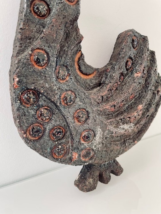 Image 1 of Zeldzame brutalistische wandsculptuur haan van keramiek