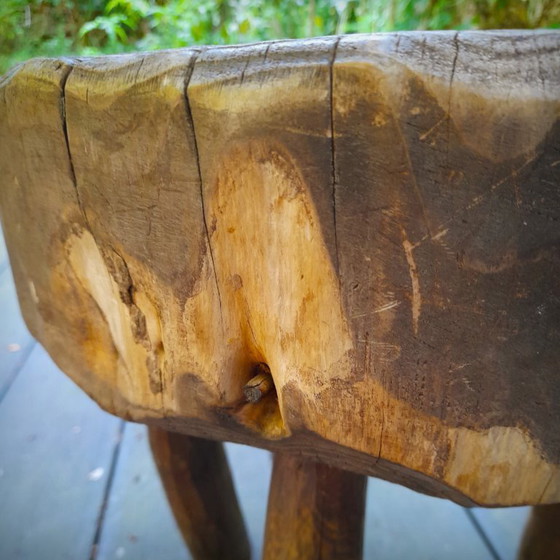 Image 1 of Pair of Brutalist tripod stools in grey pine. France, 50s