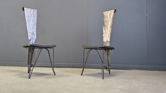 Image 1 of Handgemaakte eethoek van staal en steen, jaren 70 - vintage eethoek - handgemaakte eethoek - postmoderne eettafel en stoelen