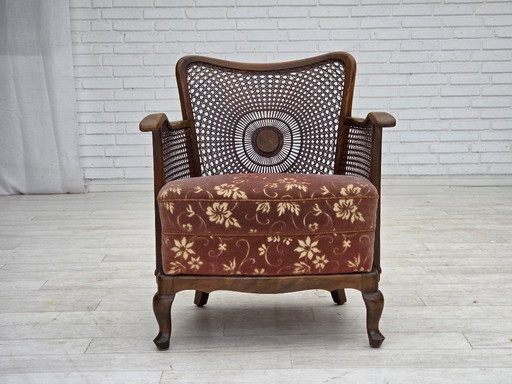 Poltrona danese, anni '50, velluto rosa salmone, rete metallica.