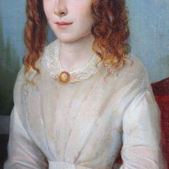 Image 1 of Portrait of a Young Woman with a Book, Oil Painting on Canvas, Italy 19th Century