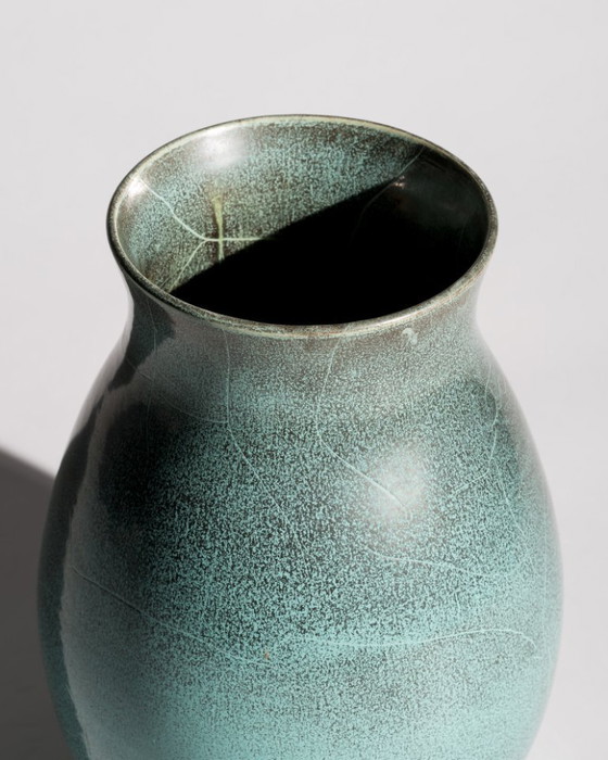Image 1 of Pair of Richard Uhlemeyer Studio Stoneware Vases – Turquoise Reduction Glaze – Germany, ca. 1940s-1950s Art Deco Bauhaus