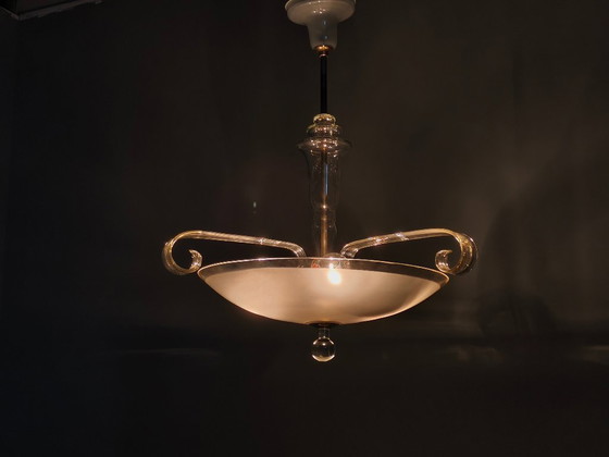 Image 1 of Art Deco kroonluchter van glas en messing, Tsjechoslowakije, jaren 1940