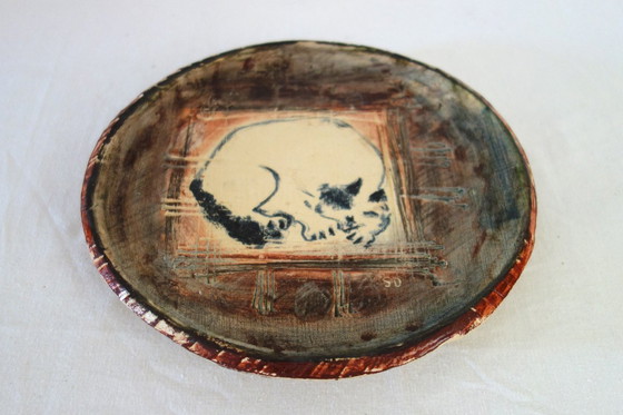 Image 1 of Grand plat motif chat en poterie vintage