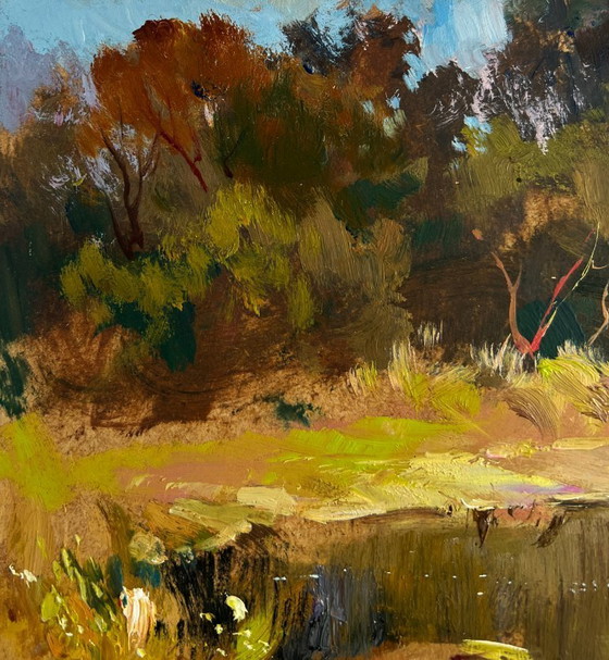Image 1 of Original Oil Painting Autumn Lake Landscape Preparing for a boat trip