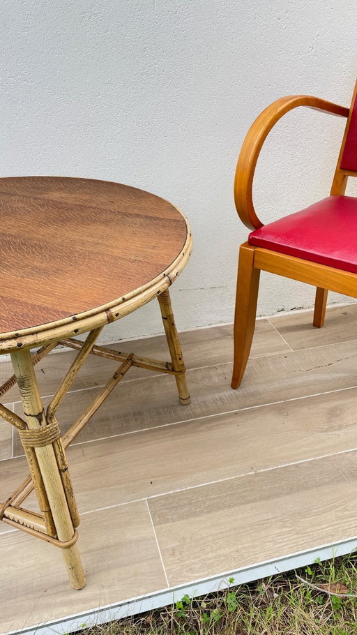 Vintage salontafel van eikenhout en rotan